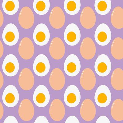 Whole beige Half boiled peeled egg with yolk Seamless Pattern on trendy lavender Egg Day Background. Isolated illustration Wallpaper Wrapping Thematic or menu cards, web promo banner, leaflets