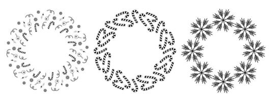 Abstract Stars Snowflakes Candy Cane Christmas or New Year Circular Frame Copy space Template Set 3. Isolated illustration Thematic Greeting Card, poster, label tag or web promo banner, leaflet vector
