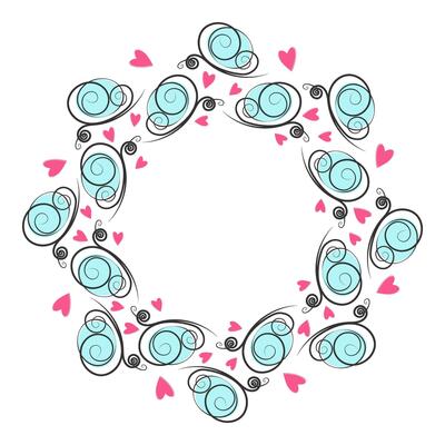 Freehand Pink Hearts Butterflies Soft Blue spots on wings Circle Frame border Copy space Template. Isolated illustration Greeting Thematic Cards, poster, leaflets, price tag or web promo banner