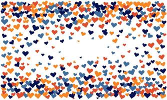 Vibrant confetti of hearts in blue, orange, and red creates a joyful, celebratory atmosphere. Perfect for Valentines Day, anniversaries, or any project needing a playful, romantic touch. vector