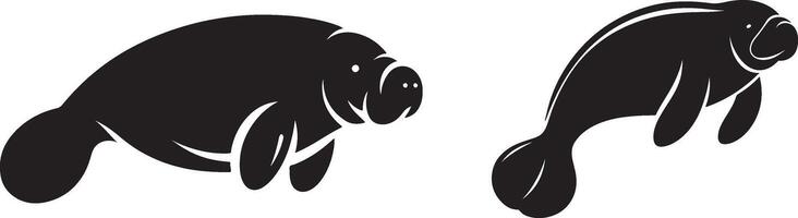 Manatee Silhouette Illustration Set High-Quality Black And White Designs vector