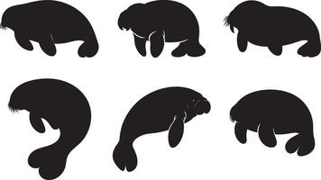 Manatee Silhouettes Black And White Set for Design Projects On White Background vector