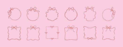 Set of square, rectangle and circle bow ribbon frames. Coquette aesthetic style. Hand drawn cute line doodle romantic illustration. Whimsical wavy border. Minimalist art drawing vector