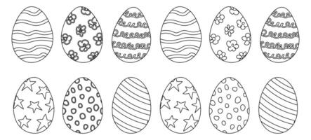 Collection of black and white Easter eggs with various decorative patterns. The set is perfect for coloring page, kids activities and festive holiday crafts. vector