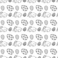 Black and white hand drawn seamless pattern of Easter bunnies and ornate Easter eggs. Repeating animals and eggs on a festive background. Ideal for kids coloring page, wrapping and holiday activities. vector