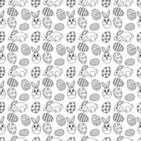 Seamless pattern with rabbits, anthropomorphic smiles Easter Bunny, ornate Easter eggs, and - Happy Easter - text. Perfect for coloring page, DIY crafts, textiles, and festive decorations. vector