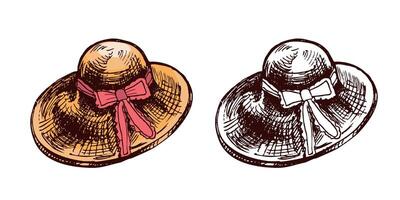 Hand drawn summer straw hat with bow in vintage engraved style vector