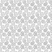 Seamless pattern with decorative Easter eggs featuring doodle designs like stars, flowers, dots, and waves. Black and white outline for coloring page and prints. vector