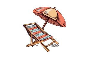 Hand drawn sketch of beach chair with umbrella in colorful cartoon style vector