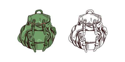 Hand drawn sketch of hiking backpack in vintage cartoon style, color and monochrome version vector