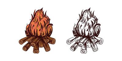 Hand drawn sketch of campfire with logs in cartoon vintage style, color and monochrome version vector