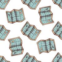 Seamless pattern with travel maps in hand drawn sketch style on white background vector