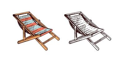 Beach deck chair hand drawn sketch in color and monochrome version, summer travel element vector
