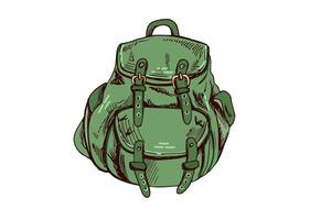 Hand-drawn green travel backpack with buckles and pockets for hiking and adventure design in vintage engraved style vector