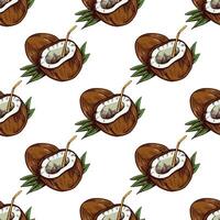 Seamless pattern with coconut cocktail in tropical hand drawn sketch style vector