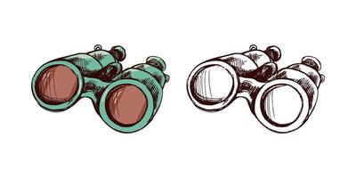 Hand-drawn binoculars set in green and brown, color and monochrome version in vintage engraved style vector