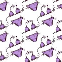 Seamless pattern with purple bikini in hand drawn sketch style on white background vector