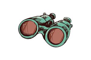 Hand-drawn binoculars in green and brown tones in vintage engraved style vector