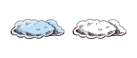 Cloud hand drawn sketch in color and monochrome version, cartoon weather icon illustration vector