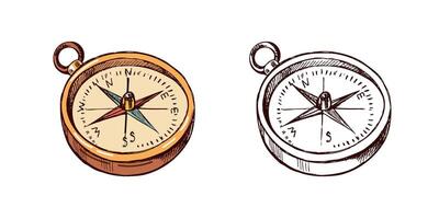 Hand-drawn compass set in brown and multicolor in vintage engraved style vector