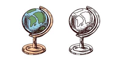 Hand-drawn globe with color and monochrome version in vintage engraved style vector