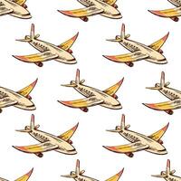 Seamless travel pattern with colorful airplane sketch in vintage hand drawn style vector