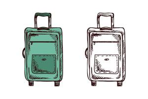 Hand-drawn green suitcase set with color and monochrome version in vintage engraved style vector