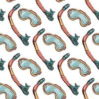 Seamless pattern with snorkeling mask and tube in hand drawn sketch style vector