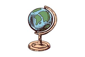 Hand-drawn colored globe for travel and geography in vintage engraved style vector