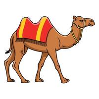 Cartoon illustration of a camel with saddlery. The camel is shown with traditional saddle and harness, isolated on a white background for graphic design use. vector