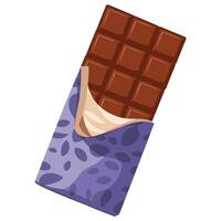 Chocolate bar in opened violet wrapper with foil, isolated on a white background. Milk chocolate dessert illustration in flat style. vector