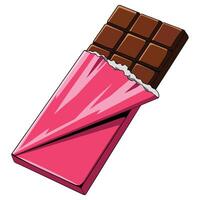 Chocolate bar icon with a partially unwrapped pink wrapper. Square chocolate pieces visible. Sweet treat illustration isolated on white background. vector