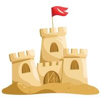 Sandcastle with a small flag on top, featuring towers and arches. A fun summer beach icon representing vacations and childhood memories. illustration. vector