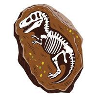 Dino fossil skeleton in rock. Cartoon of a Tyrannosaurus rex relic, a complete skeletal structure embedded in brown stone. Ideal for prehistoric, science, and paleontology themed designs. vector