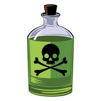 Glass bottle with green poison. Dangerous witch potion in a flat style. Ideal for fantasy, alchemy, or Halloween designs. Isolated on a white background. vector