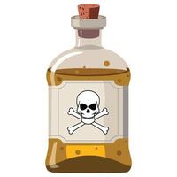 Poison bottle with skull label. Glass bottle filled with yellow poison and bubbles, featuring a skull and crossbones warning. Isolated illustration for toxic and danger concepts. vector