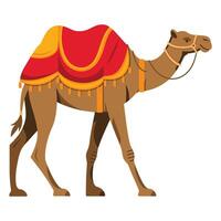 Cute decorated camel cartoon illustration. The camel is adorned with colorful decorations, showcasing a playful design in a style, isolated on a white background. vector