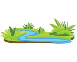 Winding stream flowing between grassy banks, isolated on a white background. Natural waterway illustration. vector