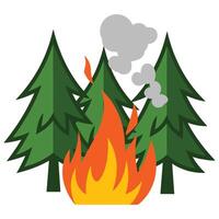 Wildfire destroying pine trees, with smoke rising. illustration of a forest fire causing damage to trees, ideal for environmental awareness and disaster related themes. vector