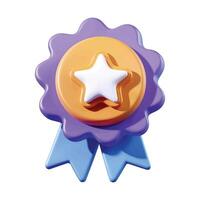Winner medal with a star and ribbon, 3D icon in cartoon minimal style. Represents premium quality and quality guarantee. Ideal for awards and achievement themes. vector