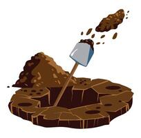 Digging a hole for a grave or excavation in the desert. Cartoon flat illustration with a pile of dirt, stones, and a shovel on a white background. Ideal for funeral and construction-themed designs. vector