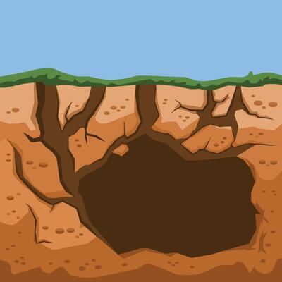 Animal hole and burrow, illustrating hiding spots for insects and rodents like mice. Flat design showing tunnels in the ground, ideal for educational materials and nature-themed projects.