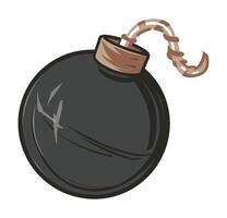 Black cartoon bomb flat icon, representing a dangerous explosive weapon. Simple design isolated on a white background. vector