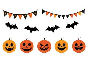 Cute Halloween garland bunting set featuring Jack O' Lanterns, pumpkins, and bats. Simple banner design for party decor, element ideal for festive and classy Halloween decorations. vector