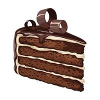 Hand-drawn sketch of a layered chocolate cake with icing and shavings. Realistic slice illustration vector