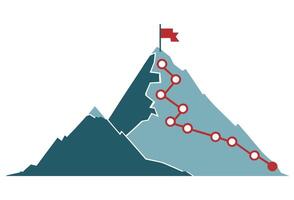 Mountain climbing route to peak, flat style illustration. Business journey path to success, showcasing mountain peaks and climbing routes in progress. vector