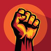 Revolution hand with a clenched fist, 80's retro vintage poster style. Fist raised in the air, symbolizing strength and protest. Ideal for activism and motivational designs. vector