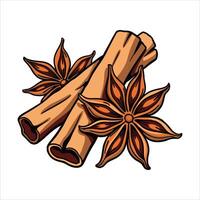 Set of spices with a cinnamon stick and brown anise flower. Doodle sketch cartoon illustration ideal for culinary designs and food-related graphics. Perfect for enhancing flavor themes. vector