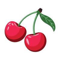 Two ripe cherries with one leaf, isolated on a white background. Ideal for fruit and fresh produce themes. vector