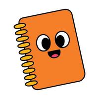 A cute cartoon book or notebook with a cheerful face, big round eyes, and a bright smile. The character has a playful and friendly expression, isolated on a white background. vector